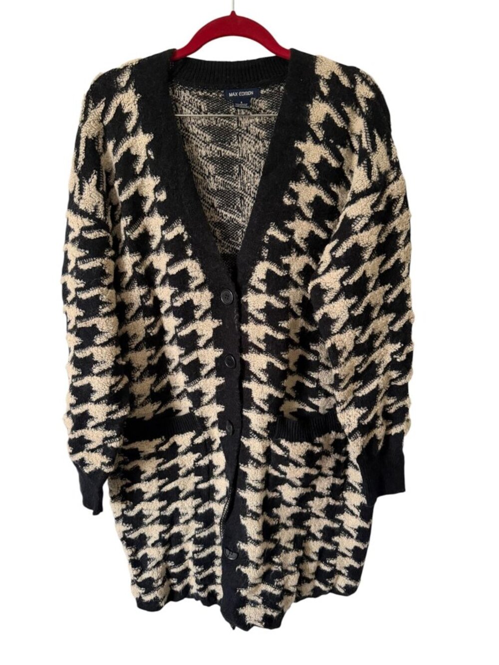 Classic Chic Houndstooth Pattern Black/Tan Oversized Cardigan Sweater Sz S